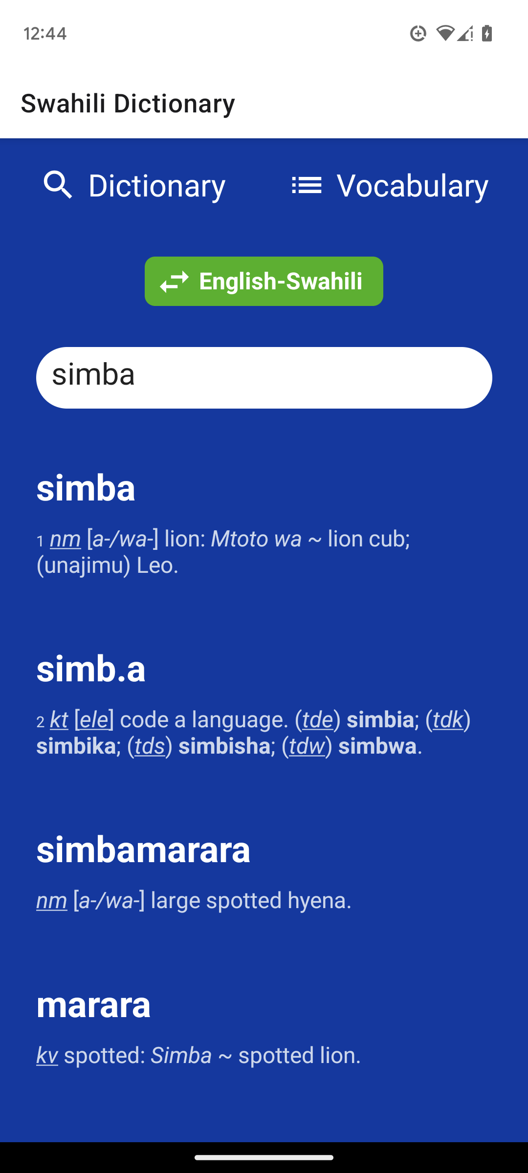 A screen shot of the Android app searching for the word simba