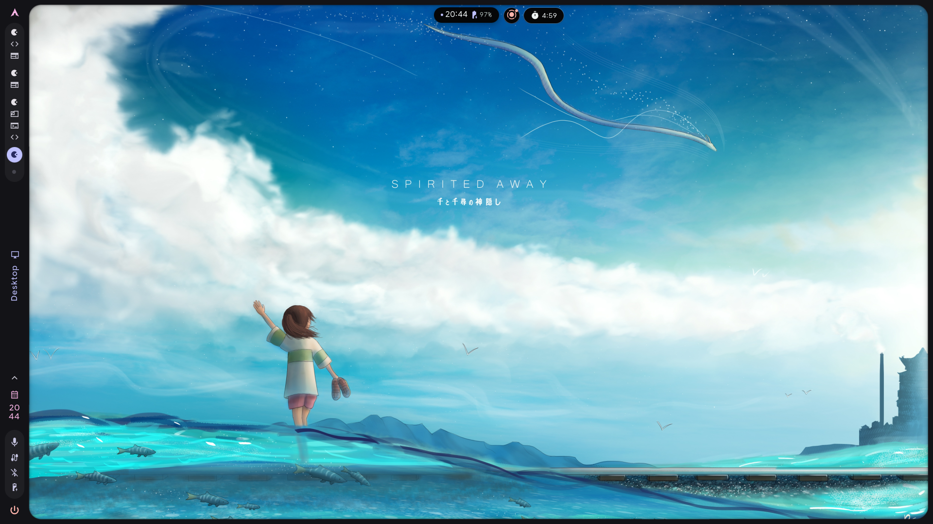 Caelestia Dynamic Island with detached recording and timer Live Activities on workspace 4