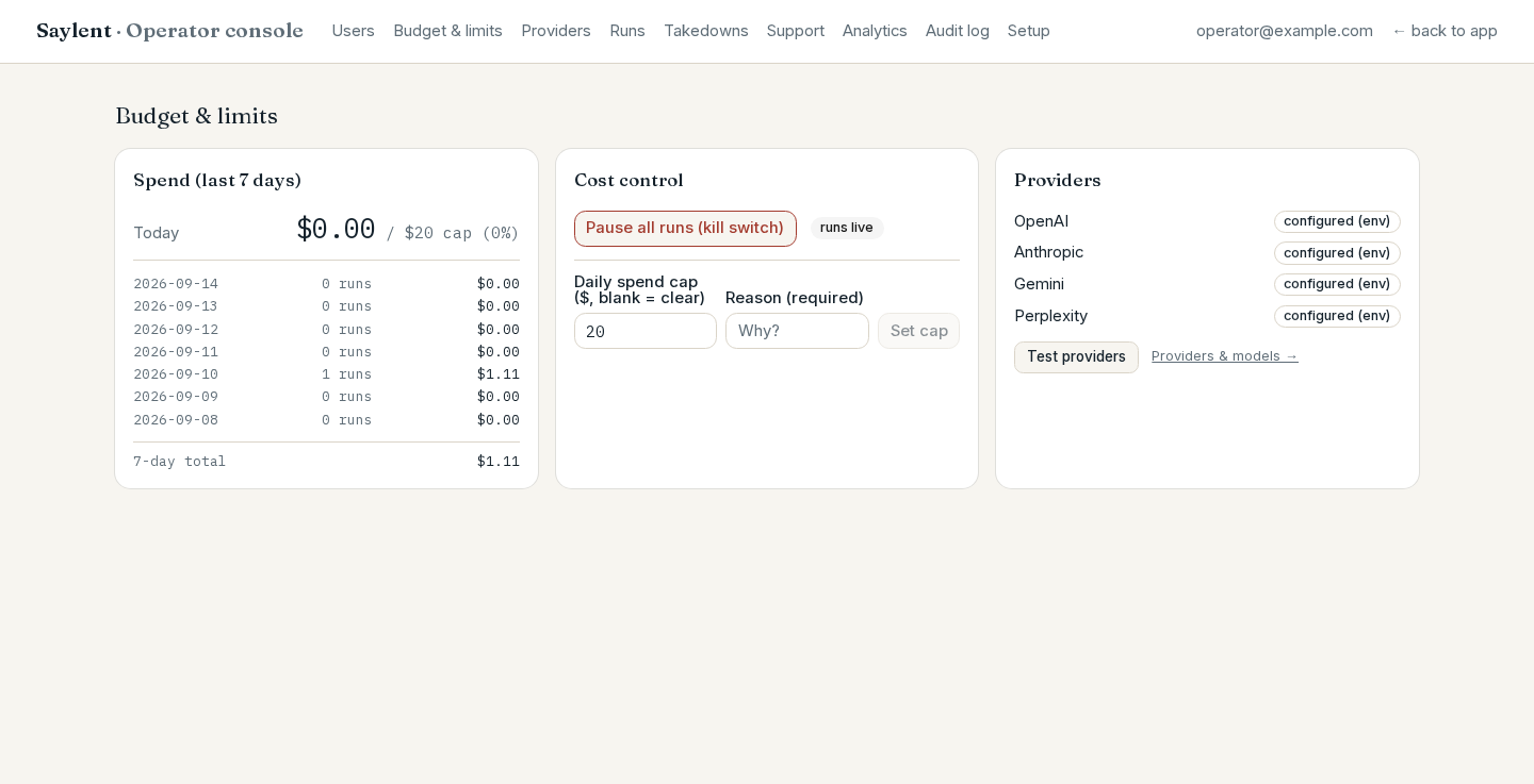 The budget screen: a seven-day spend table against the daily cap, and a Pause all runs kill switch