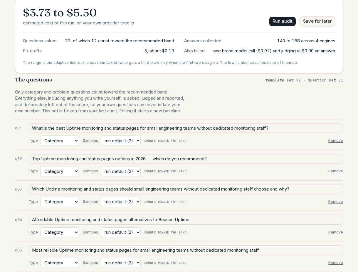 The questions editor with the cost estimate pinned above it, and editable question rows with Type and Samples