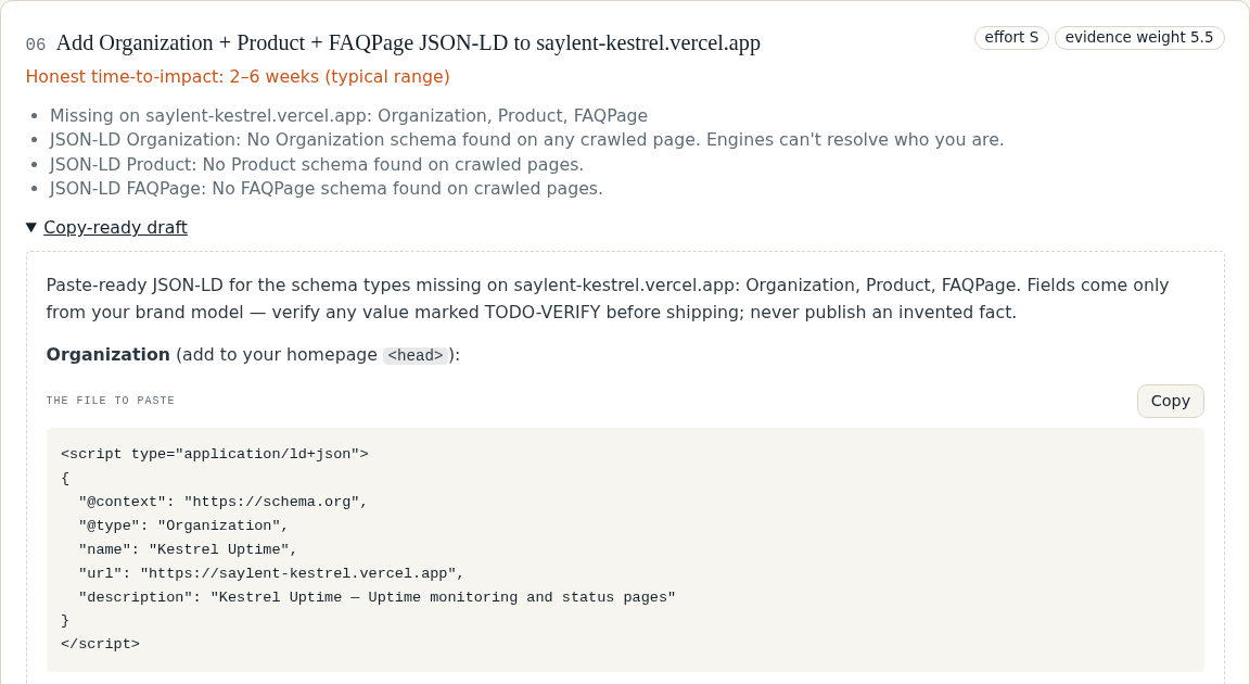 A drafted fix: the evidence that triggered it, then a paste-ready JSON-LD block