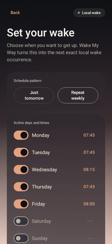 WakeMyWay weekly alarm setup