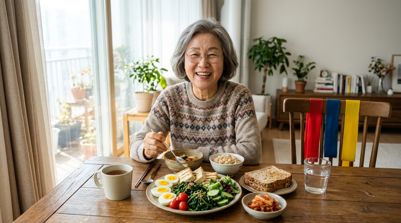 단백질 위주의 균형 잡힌 식사와 가벼운 실내 운동으로 체중 안정성을 유지하는 건강한 노년의 일상