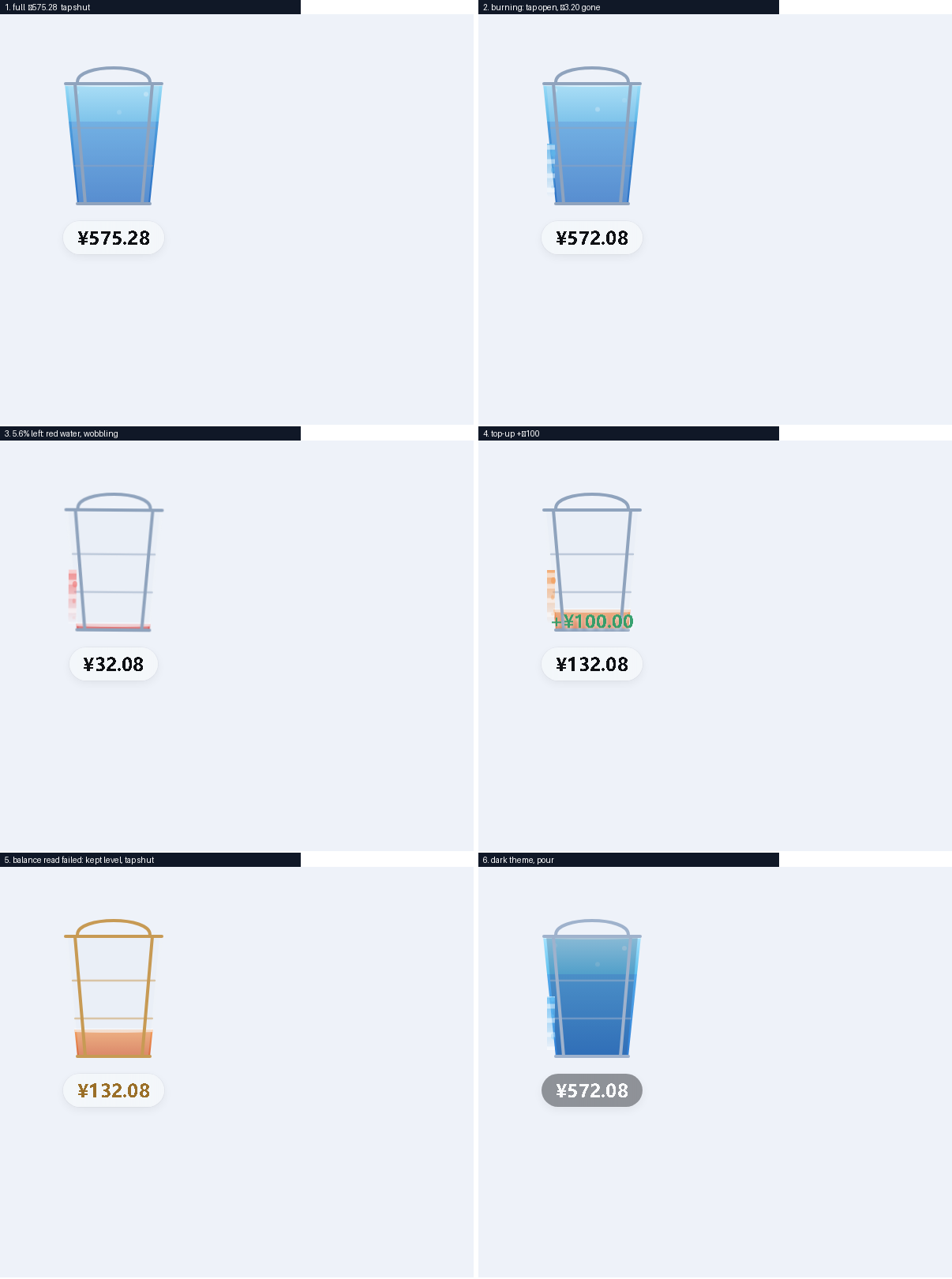 Six bucket states: full, pouring, low, refilled, unreadable, and dark theme