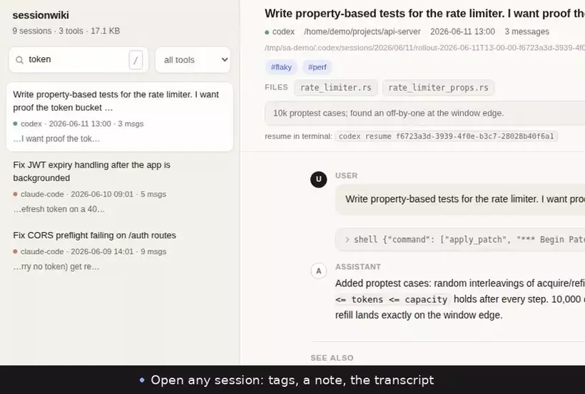 Opening a session in the web UI: its tags, its files, the command that resumes it in the original tool, and the transcript rendered underneath
