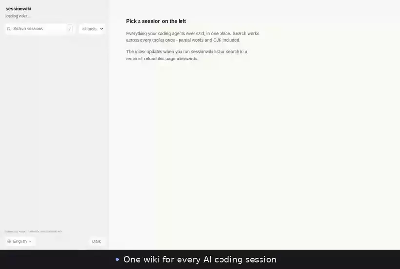 The sessionwiki web UI: typing a partial word into the search and seeing matches from Codex and Claude Code at once