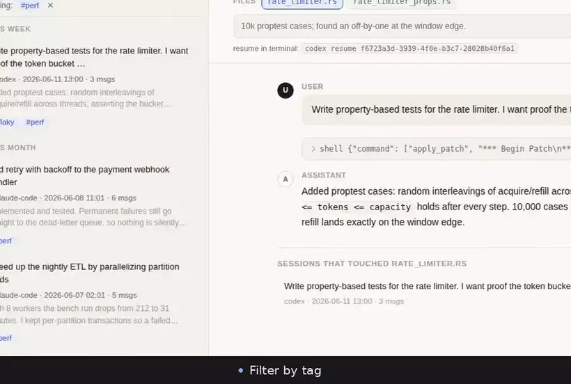 Filtering the session list down to a single tag in the web UI