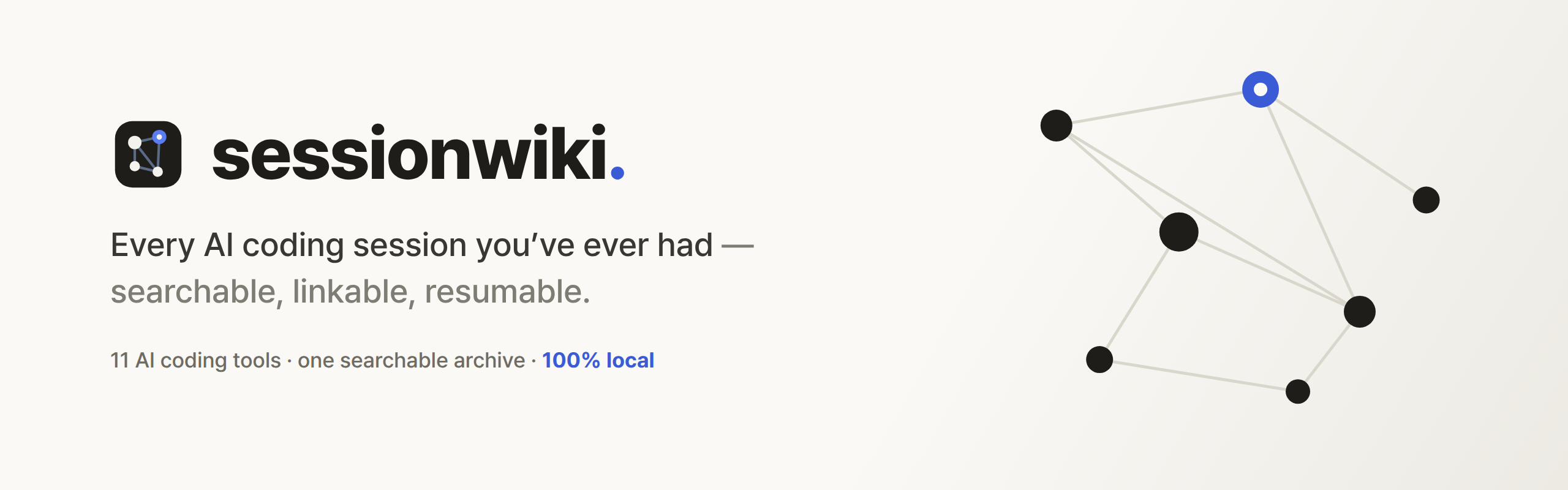 sessionwiki — every AI coding session you've ever had: searchable, linkable, resumable, across 12 AI coding tools. 100% local.