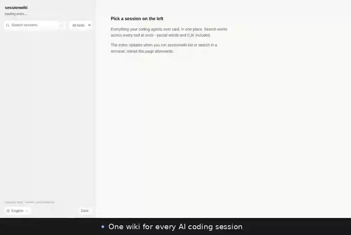 The sessionwiki web UI: real typing in the search, an open transcript with tags, a note and a resume command, file provenance, tag filtering, and dark mode