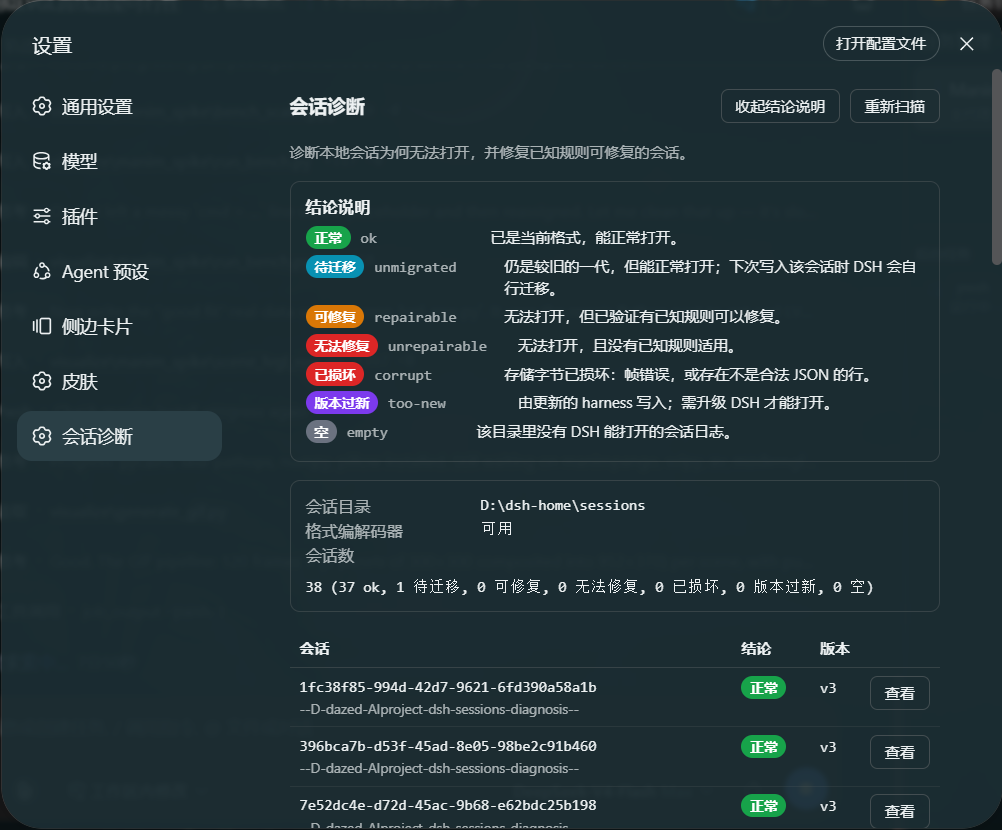 The Session diagnosis dashboard in the DSH web UI