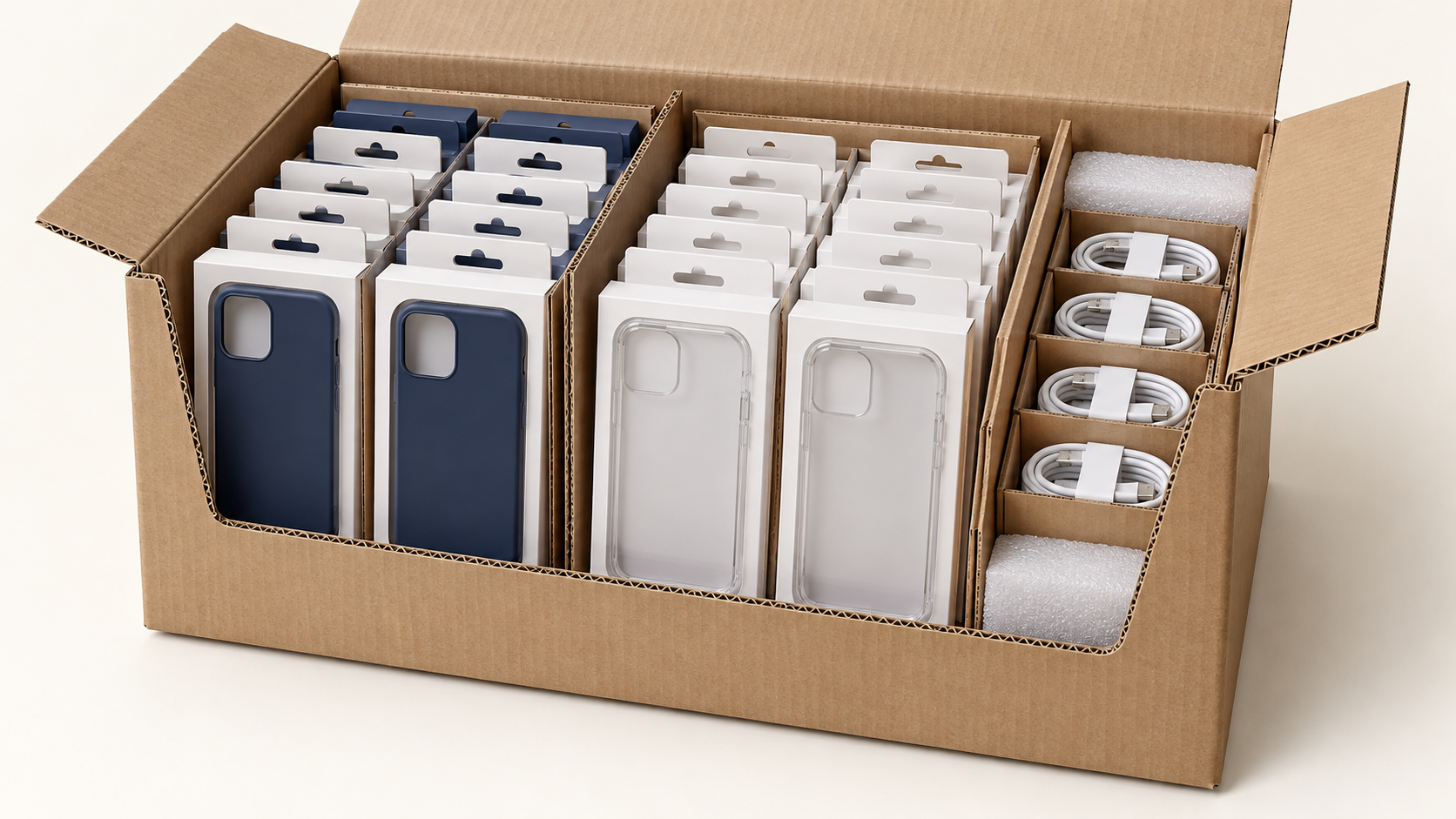 Corte ilustrativo de una caja con fundas en empaques individuales y cables separados por divisores