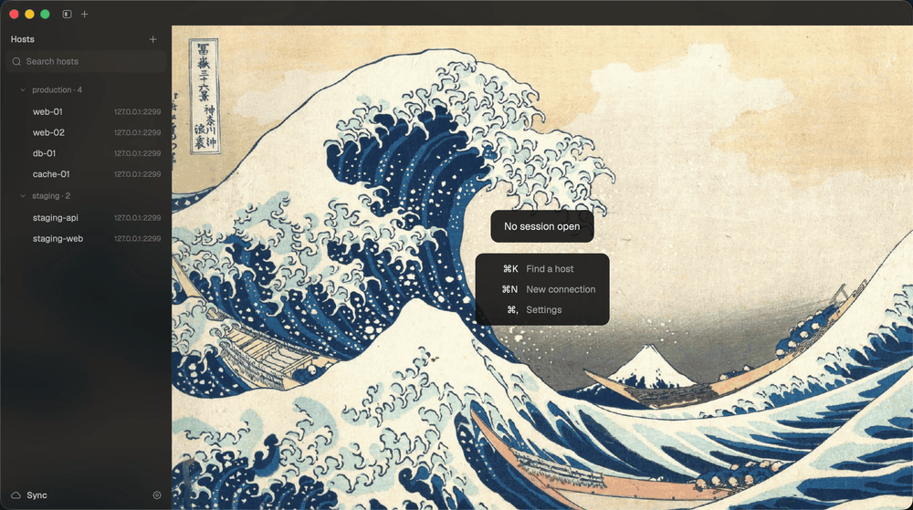 ⌘K finds web-01, tern connects, runs docker ps, then ⌘\ fills the sudo password