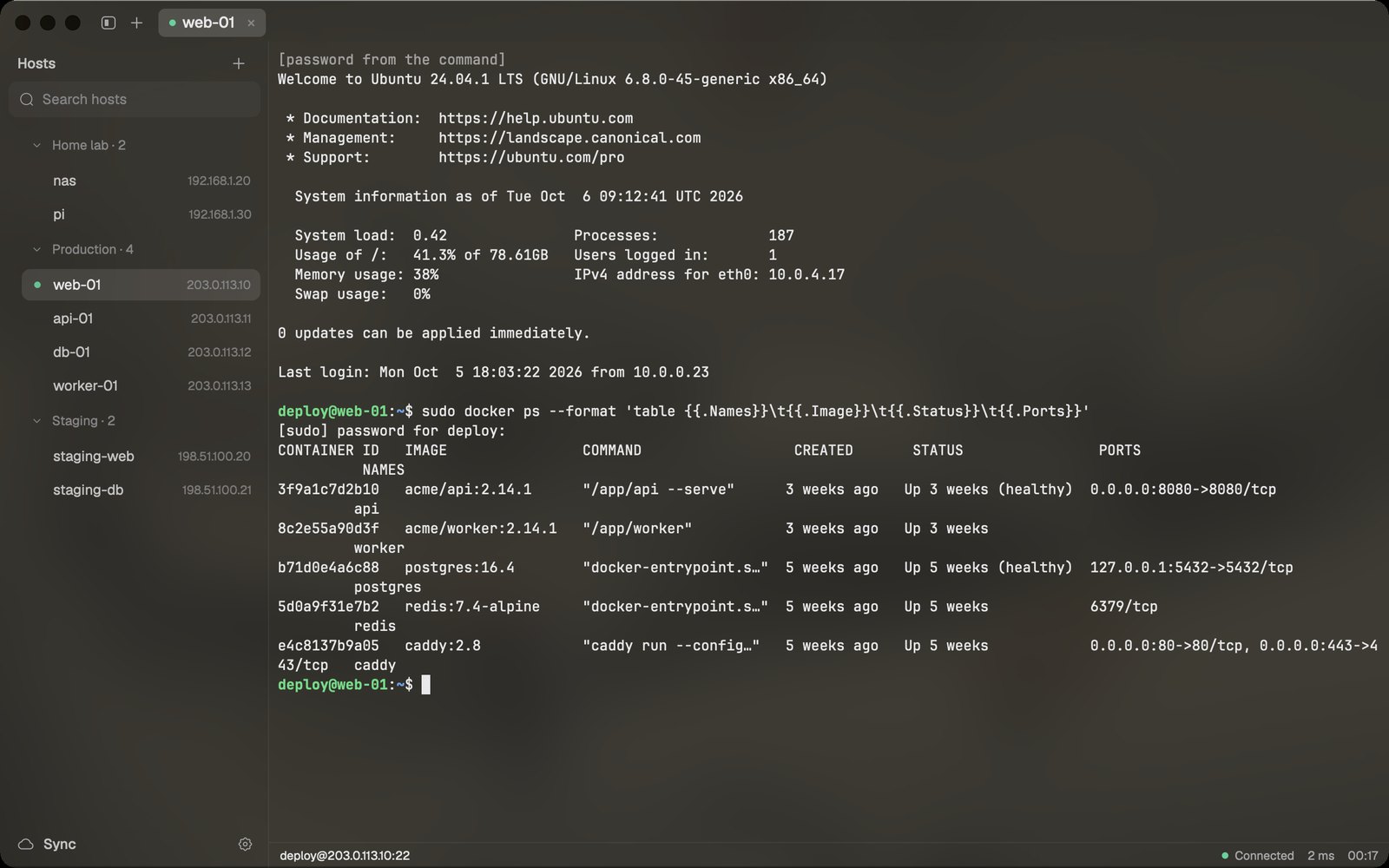 sudo docker ps with the sudo password filled by ⌘\