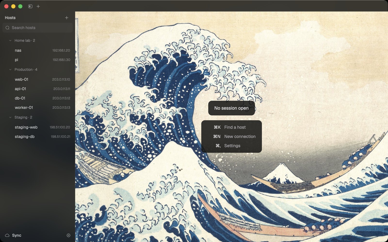 tern: hosts grouped in a frosted sidebar over Hokusai's Great Wave