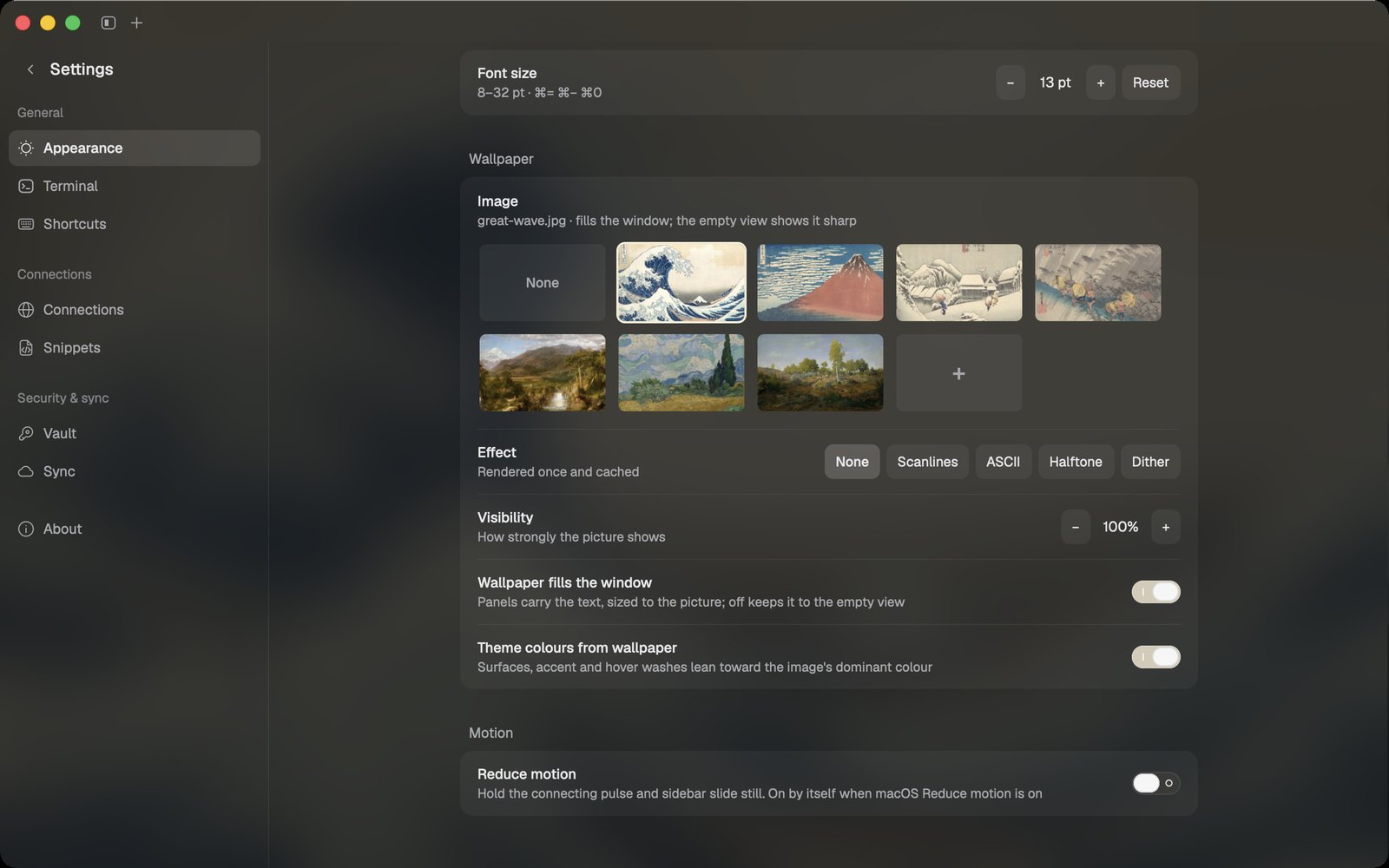 Settings, Appearance, with the wallpaper gallery