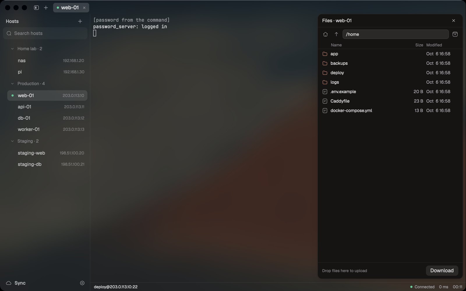 The SFTP side panel listing a remote home folder