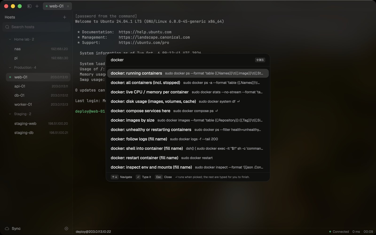 The snippets picker filtering docker commands