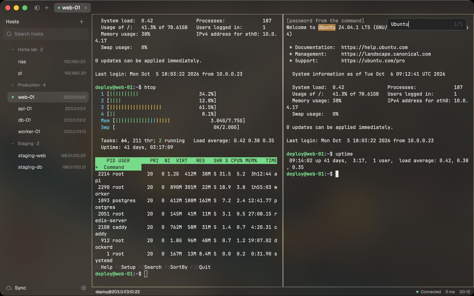 Two panes side by side with find in scrollback
