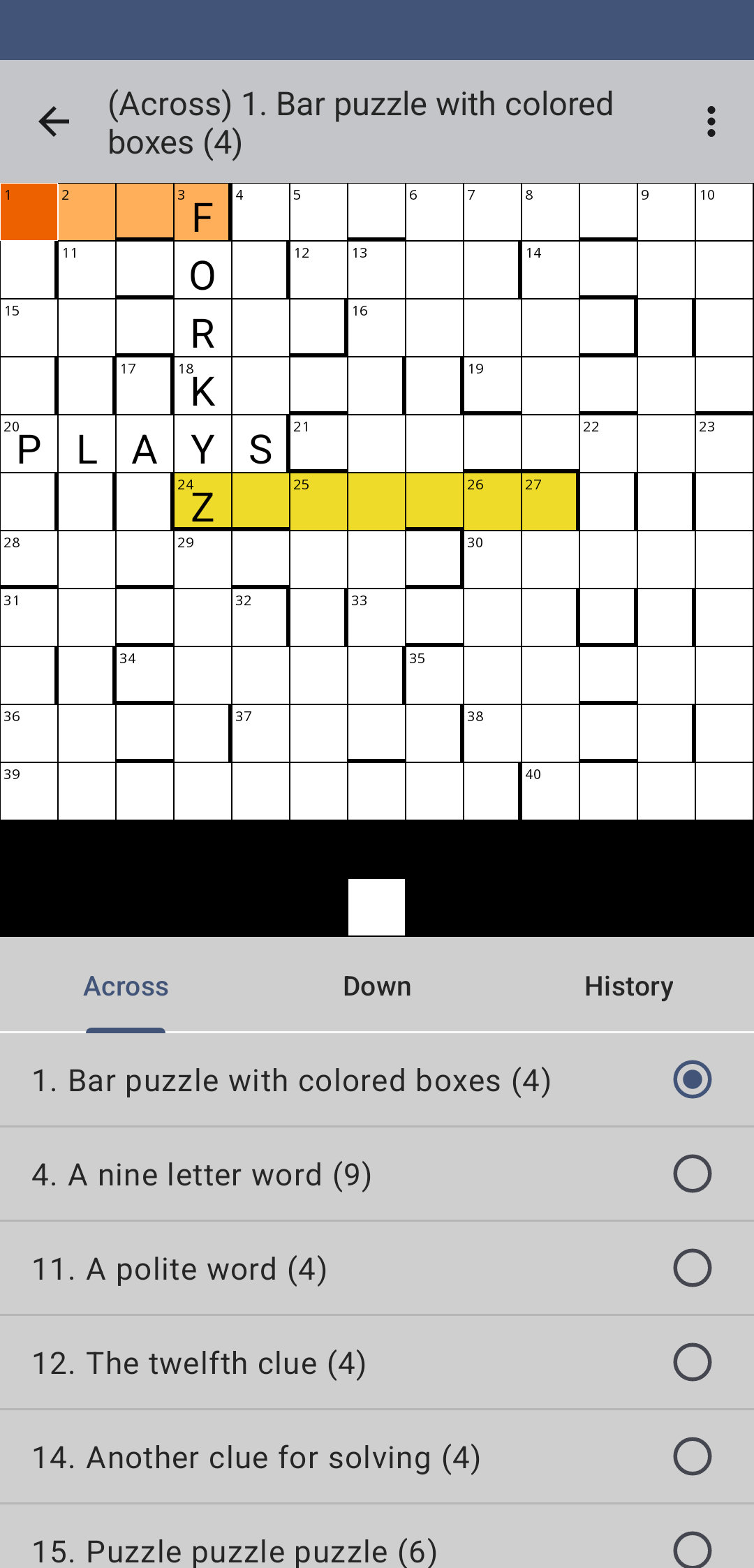 A bar puzzle in the app with coloured grid squares