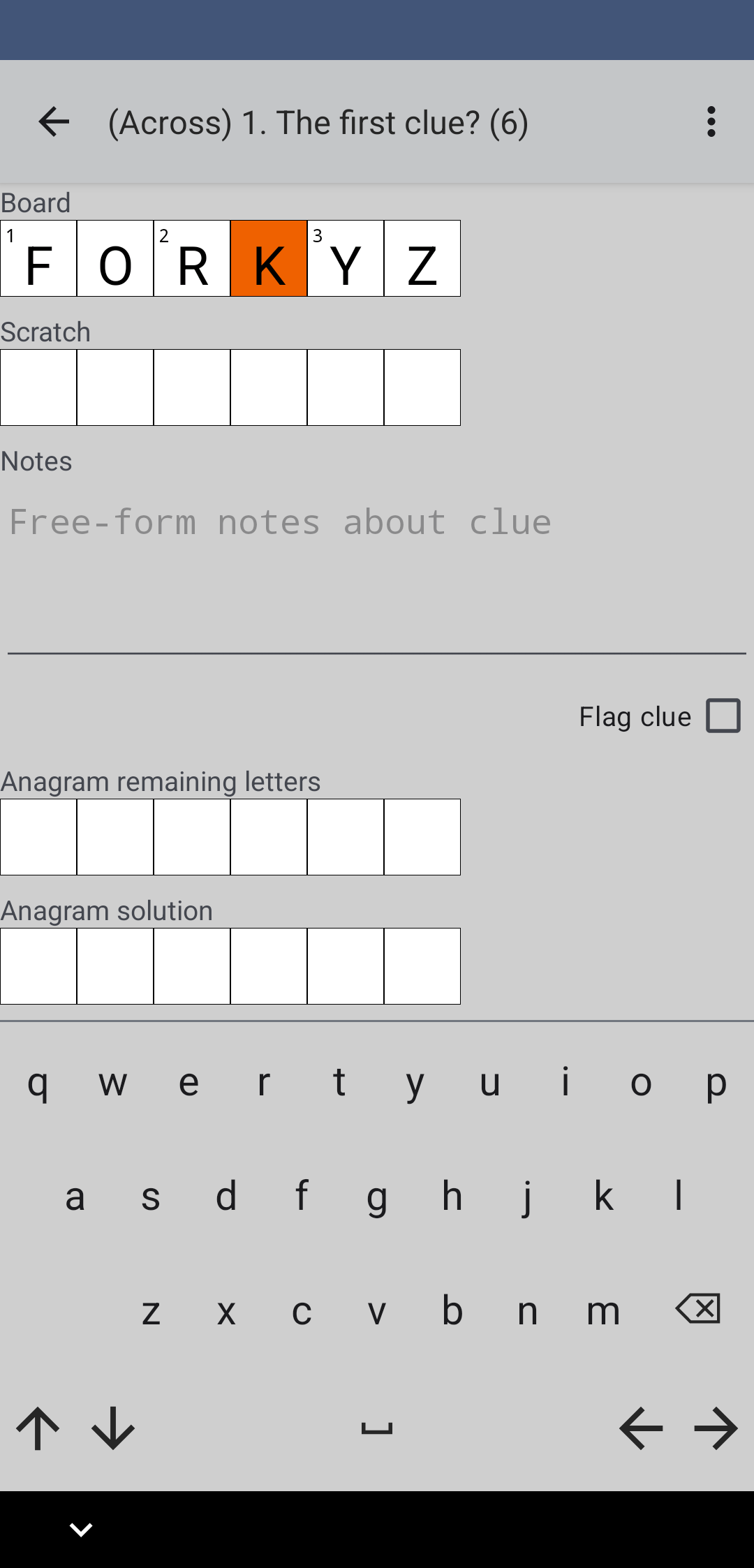 The clue/puzzle notes page with anagram helper