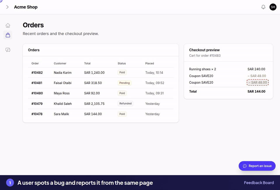 Demo: a user reports a bug with a pasted screenshot; on the board, AI suggests its priority and an AI agent sends back a fix and a pull request; the developer opens a GitHub issue, replies and drags the card to Resolved; the user gets an e-mail and reads the reply in My reports; then the same board in Arabic and dark mode