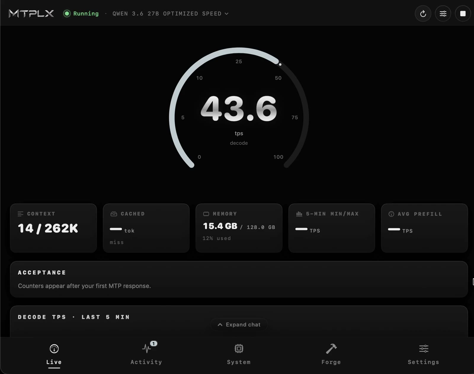 MTPLX dashboard with live decode gauge