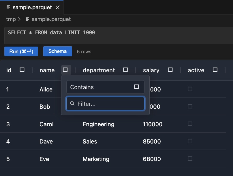 Column filter popup with text filter field