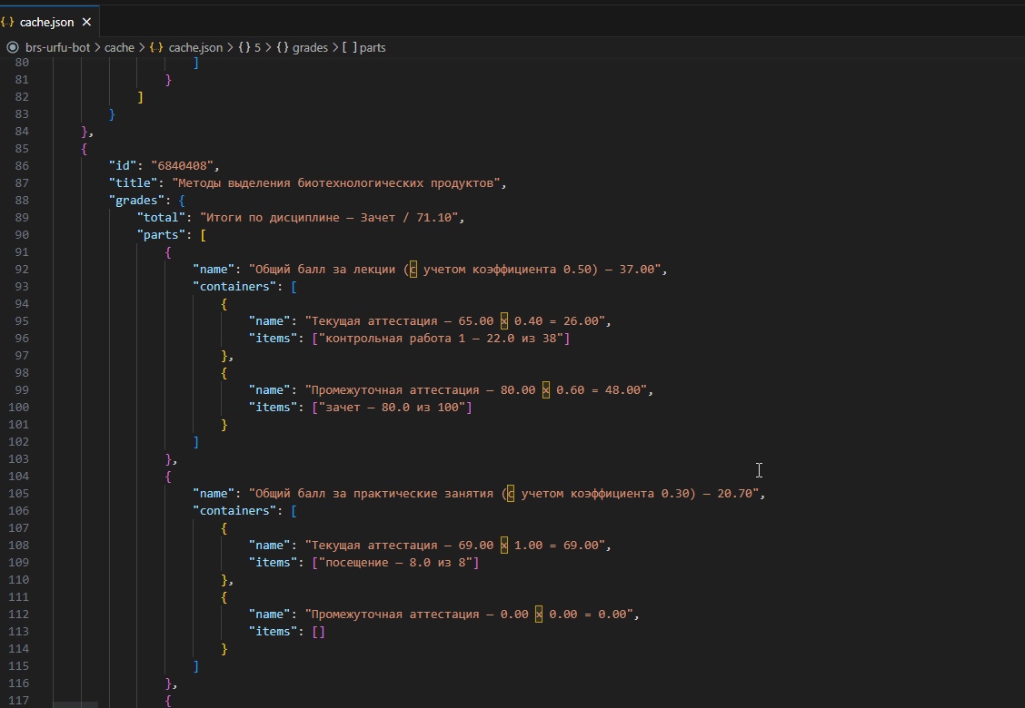 Example of the json data cache file located in "/cache/cache.json"
