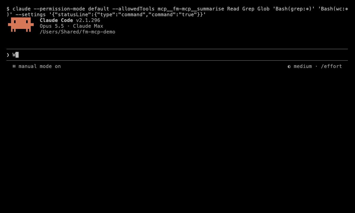 Claude Code asked what went wrong in a log: it calls fm-mcp's summarise, checks the summary against the log, and answers.