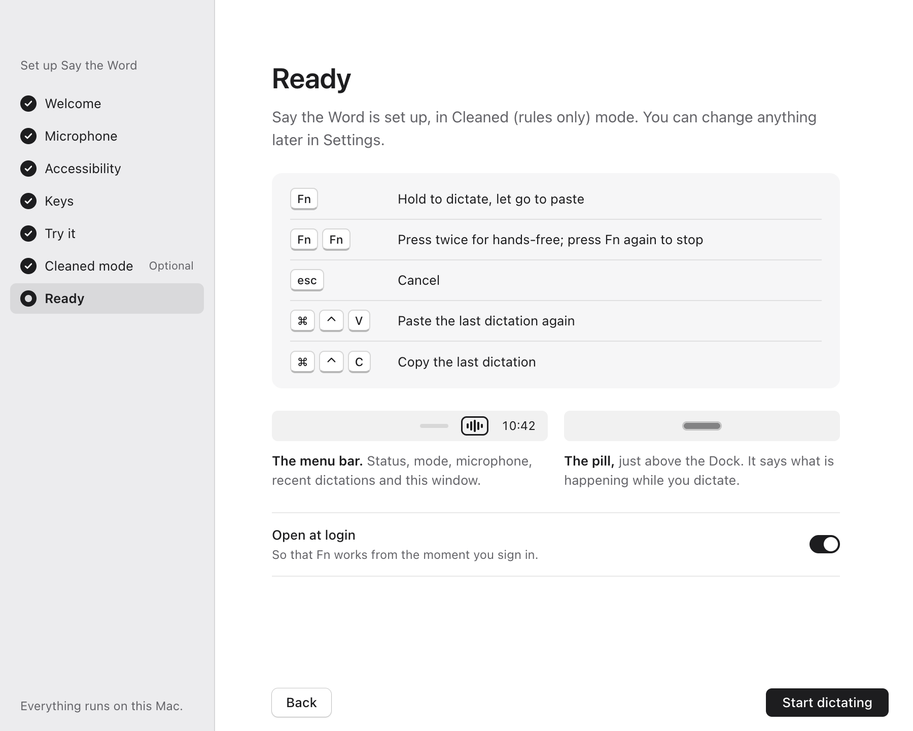 Guided setup complete: dictation gestures, the menu bar, the pill and open at login