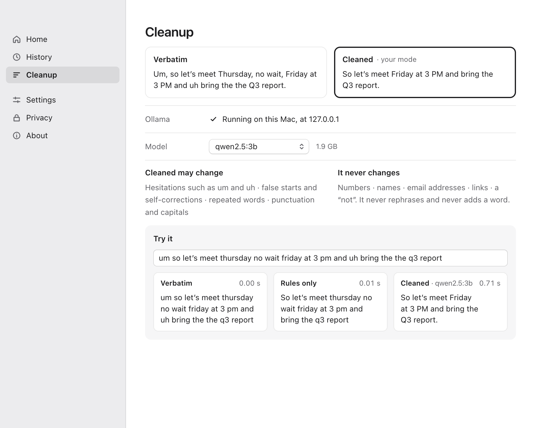 Cleanup: Verbatim and Cleaned modes, with a comparison