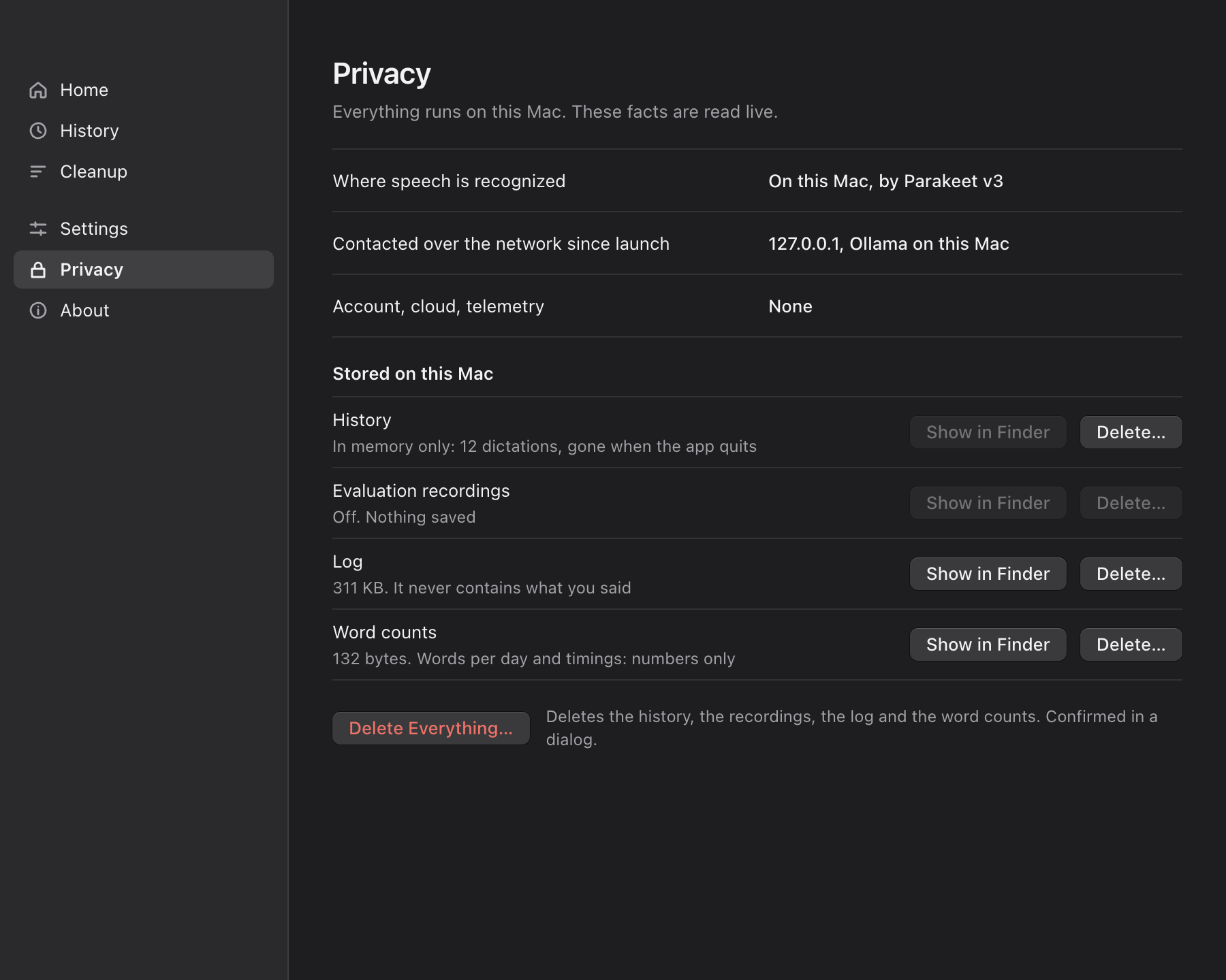 Privacy: what is stored and everything the app has contacted
