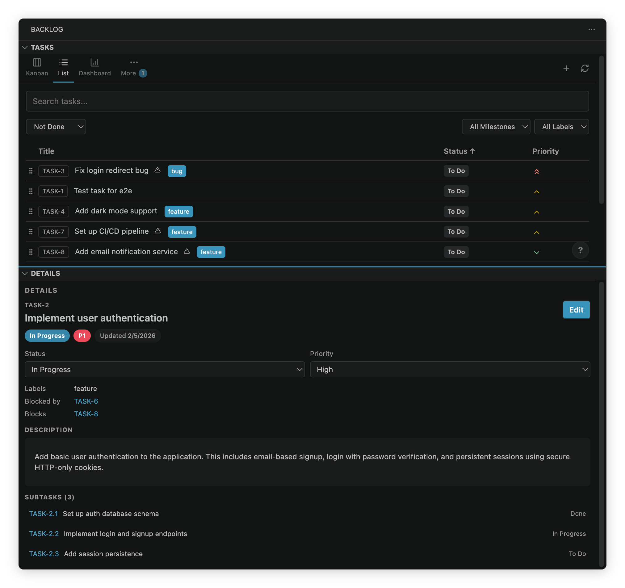 Task list with detail preview
