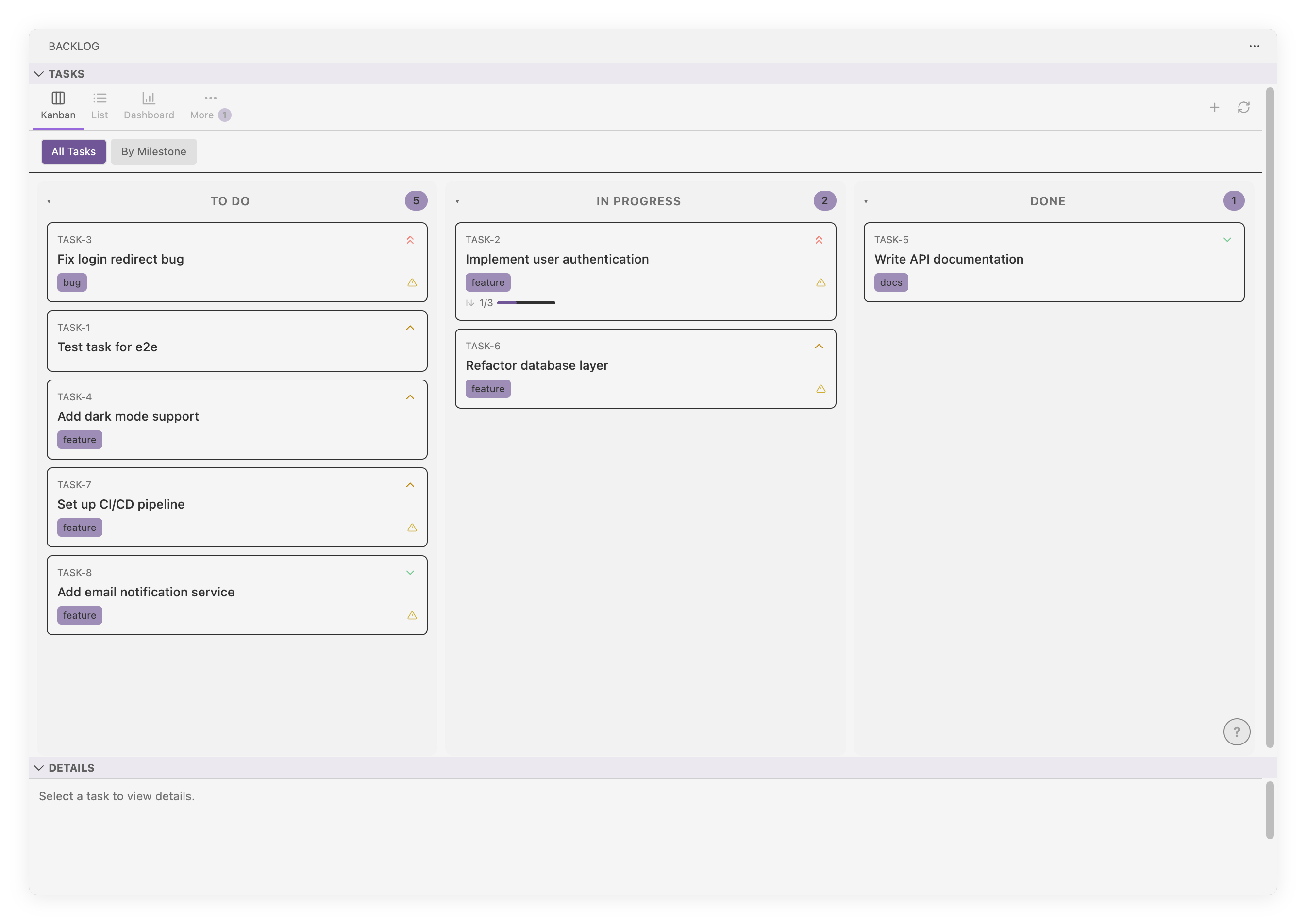 Kanban board with task cards