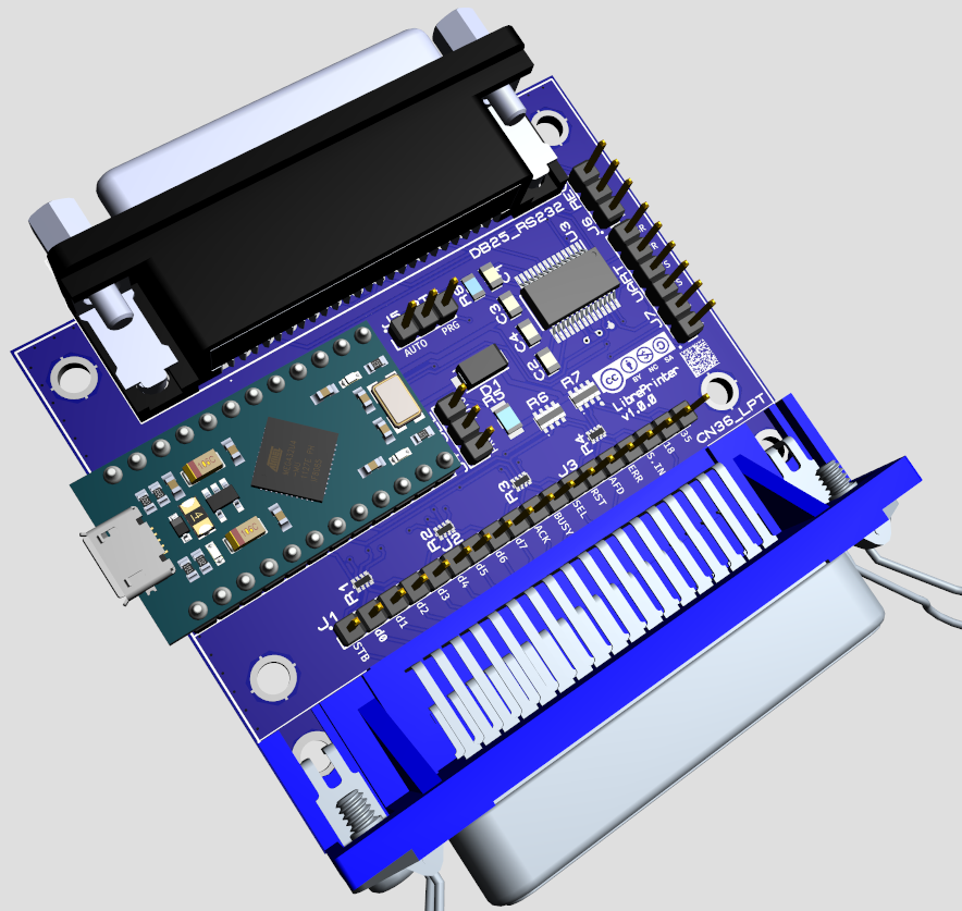 Libre-Printer hardware interface for parallel & serial printer emulation; 3D visualisation with components