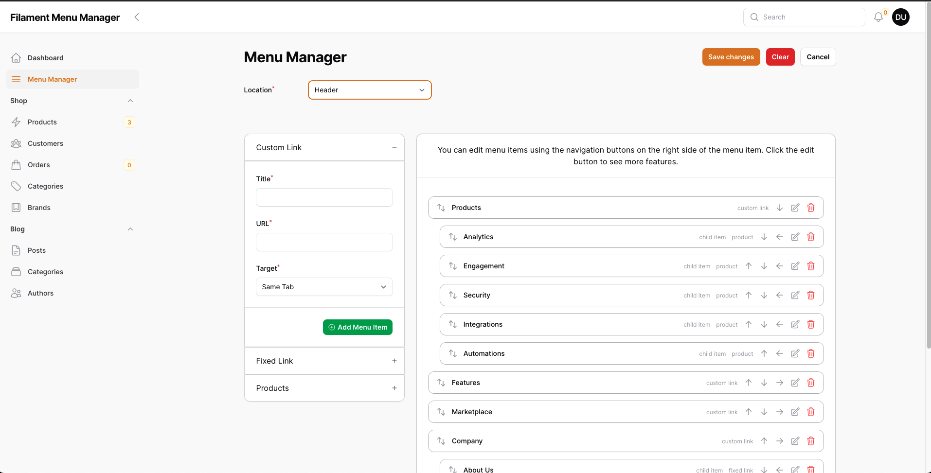 Menu Manager Page