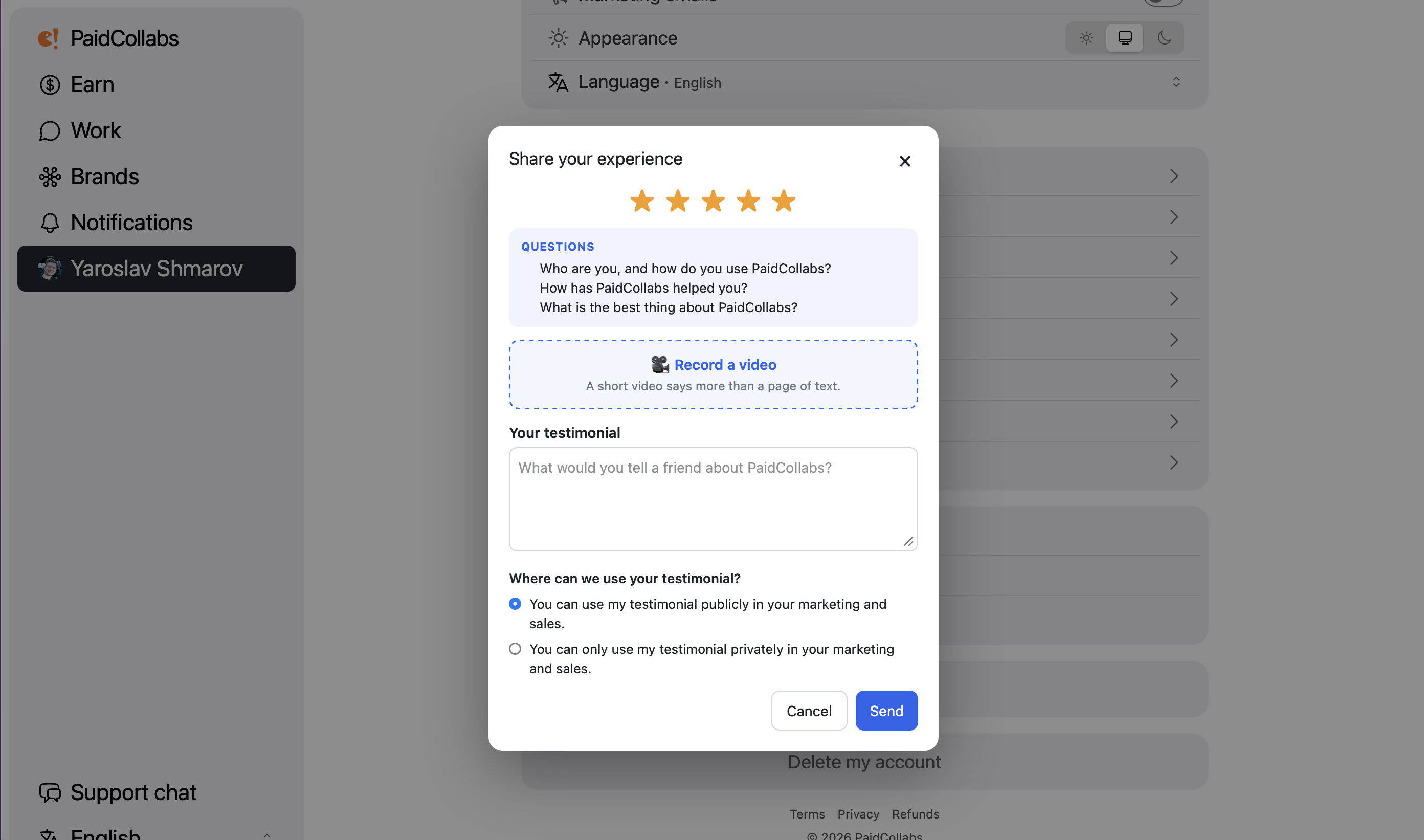 The expanded testimonial form