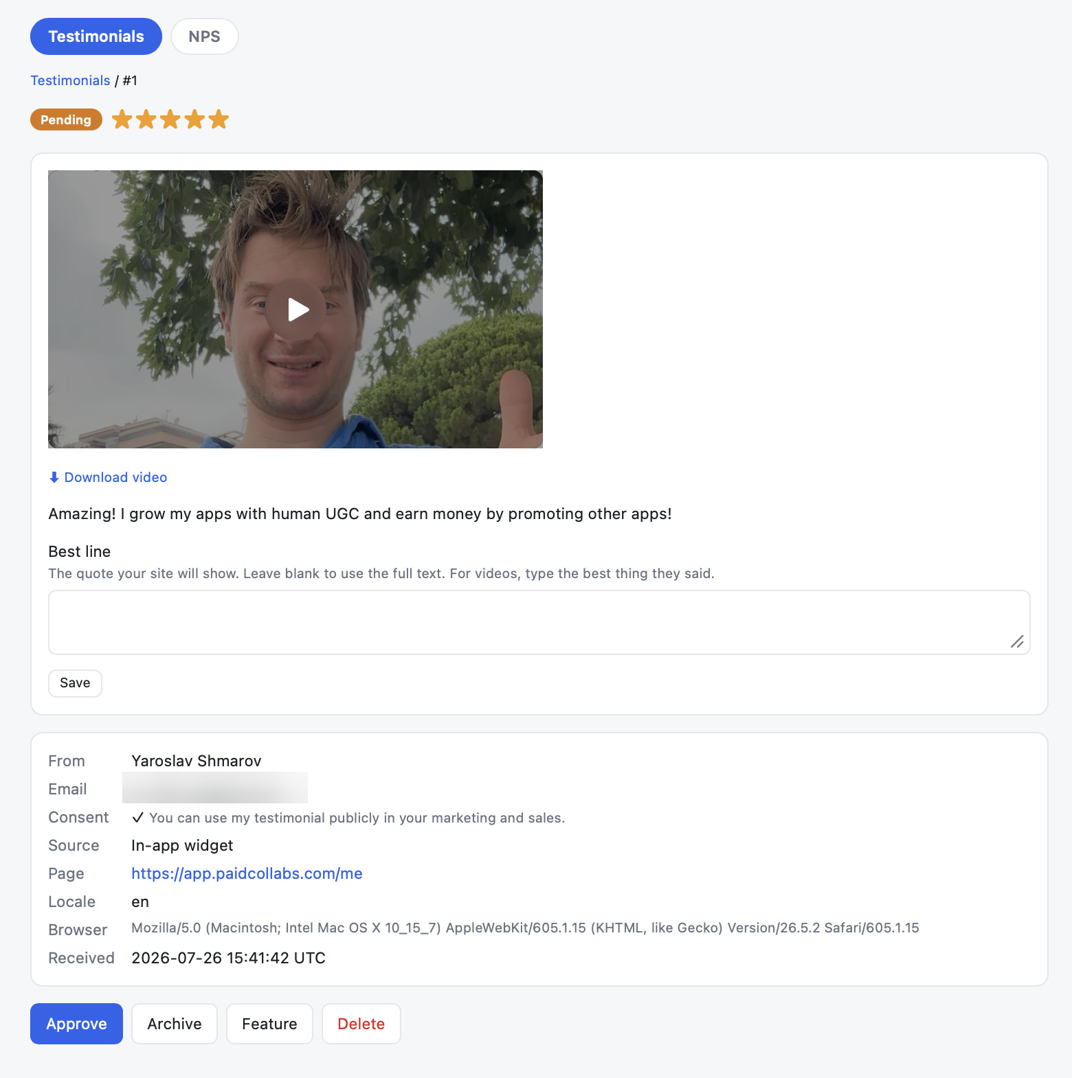 A single testimonial in the dashboard: video playback, best-line picker, attribution metadata, and approve/archive/feature/delete actions