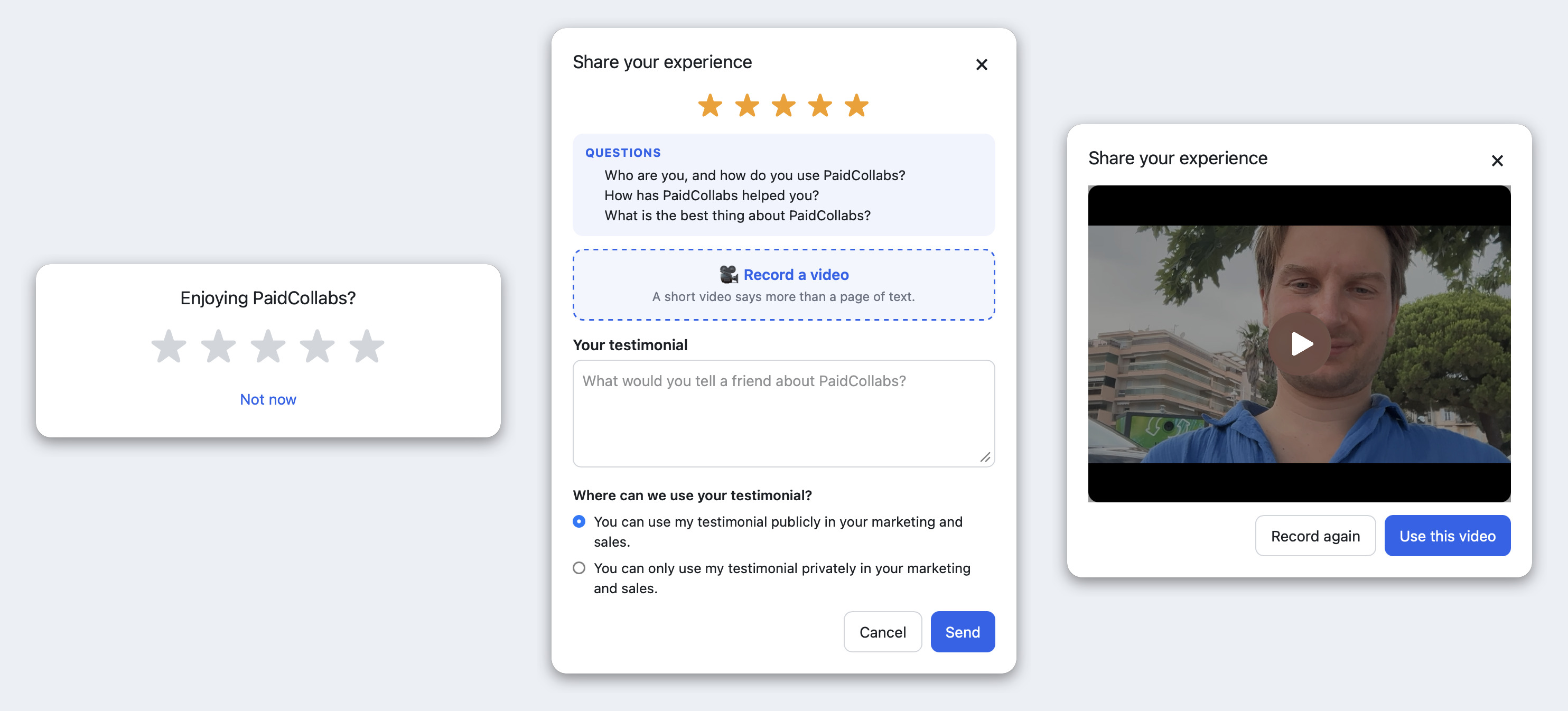 The testimonials widget: star prompt, full form, and video review step