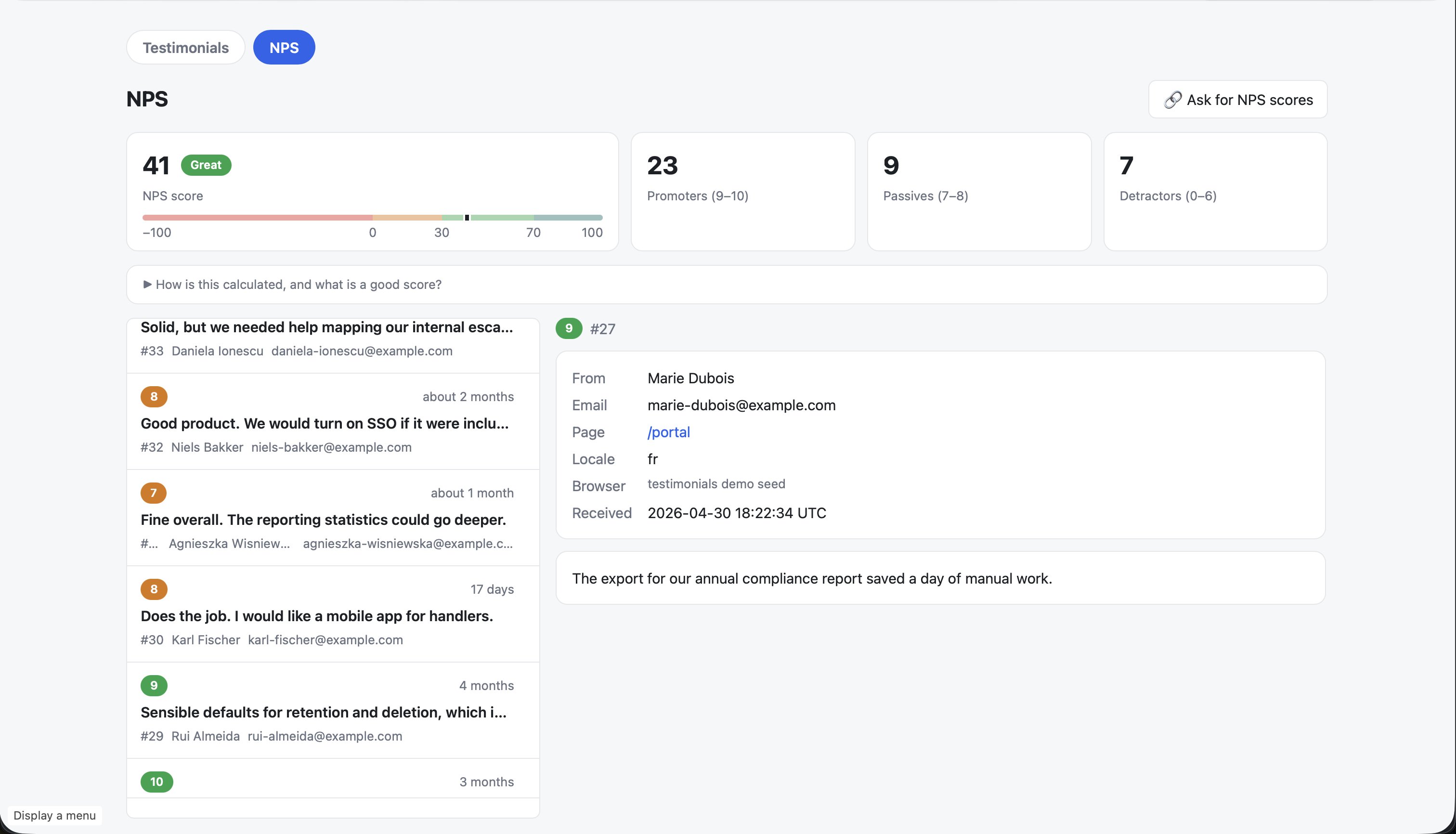 The NPS dashboard: a score of 41 badged Great, a scale marking where it sits between −100 and +100, promoter/passive/detractor counts, and the collapsed panel explaining the formula and the benchmarks