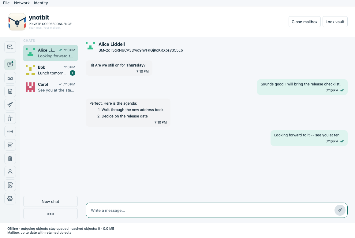 A chat: Markdown messages with delivery ticks, beside the list of chats