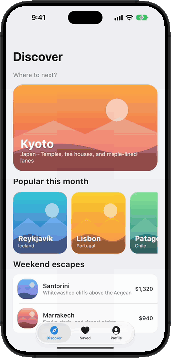 A push, a sheet, a pop, and tab switches, each animated by UIKit