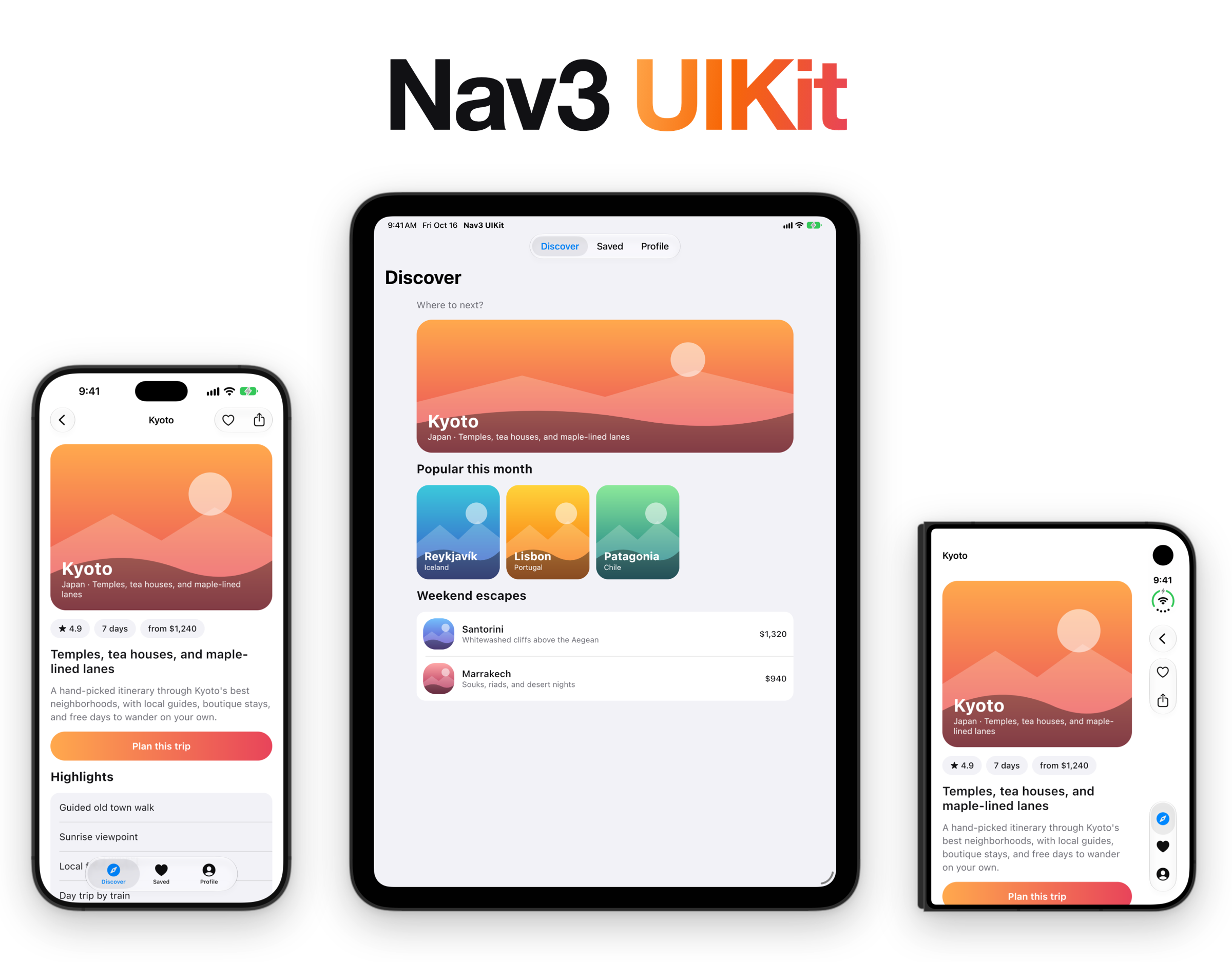 Nav3 UIKit: the same Compose screens in native UIKit containers on iPhone, iPad, and a closed iPhone Duo, where the back button, bar buttons, and tab bar move into the vertical bar