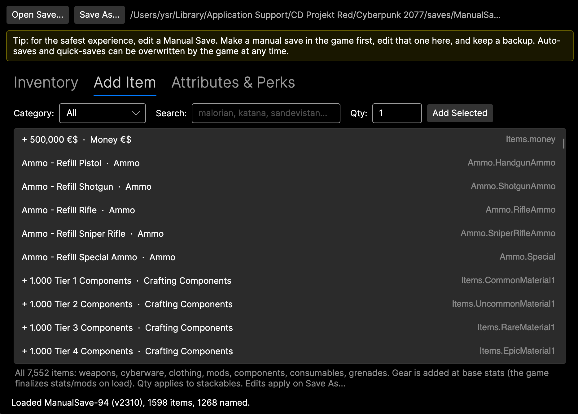 Add Item tab