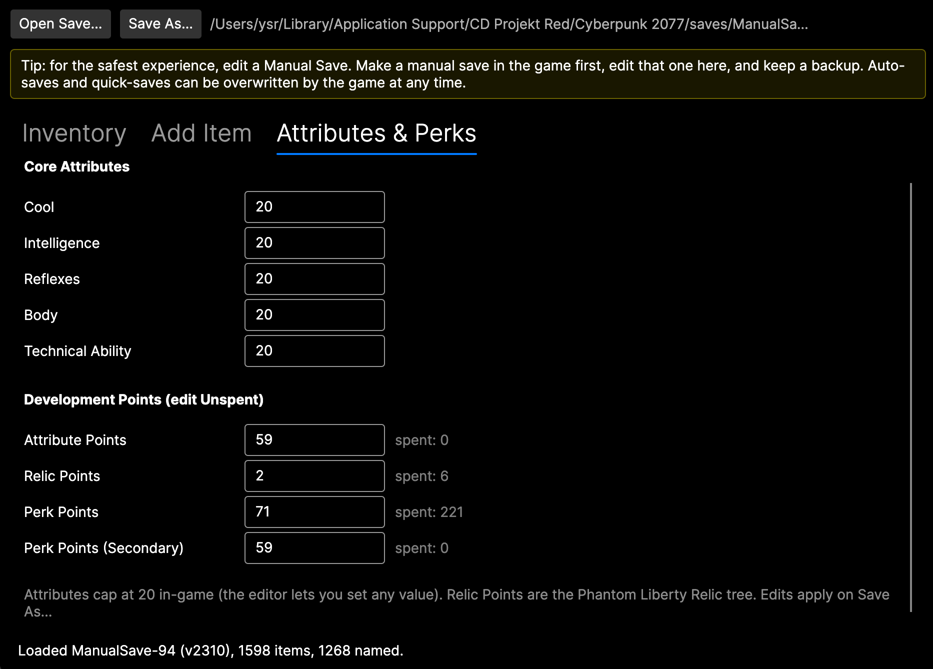 Attributes and Perks tab