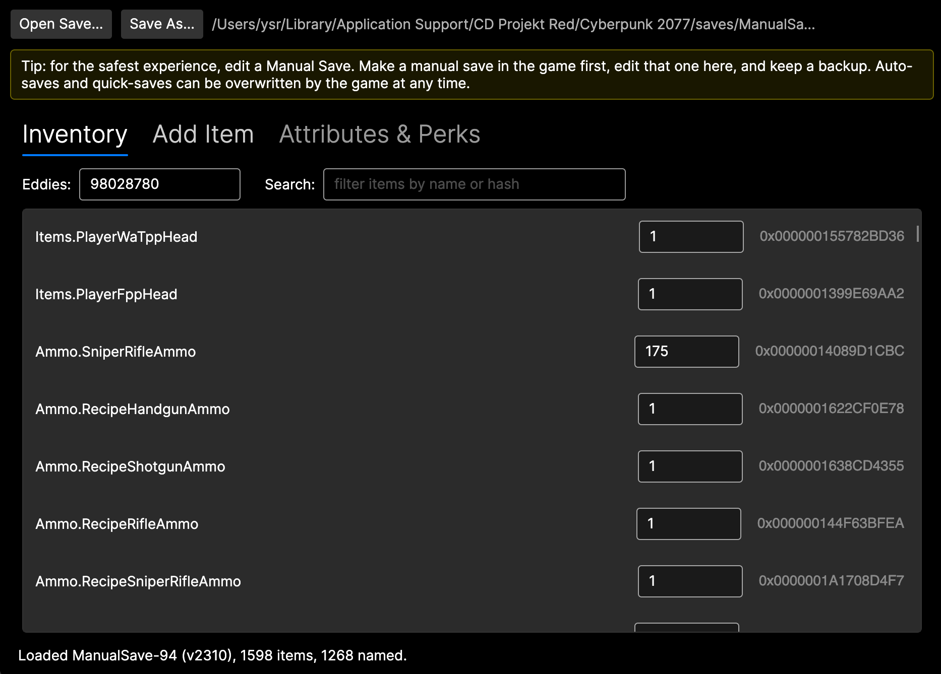 Inventory tab