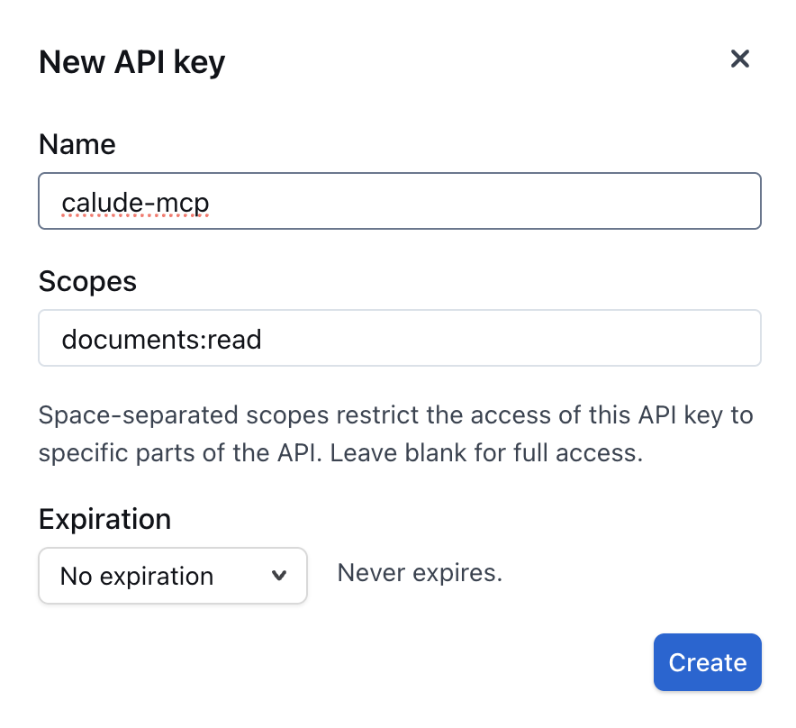 New API key dialog showing documents:read scope
