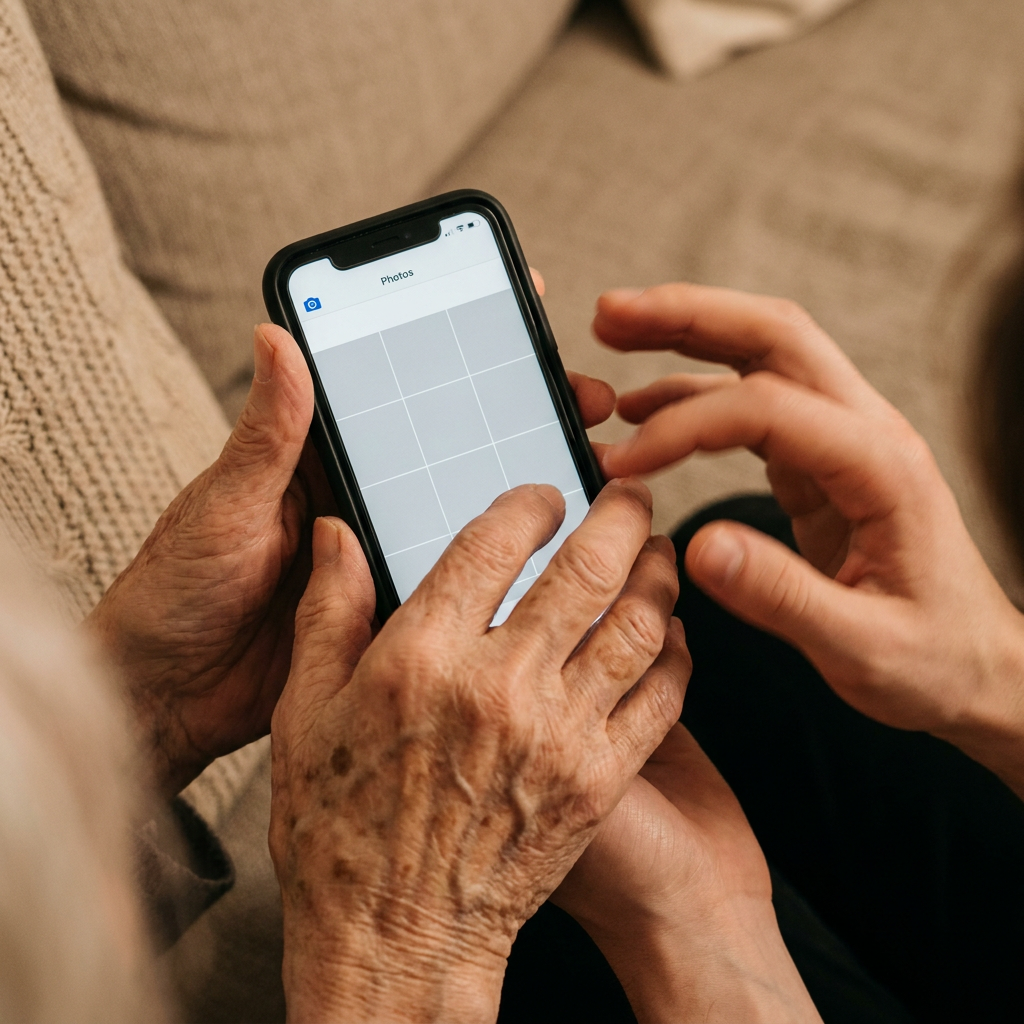 Manos mayores sosteniendo un iPhone con la galería vacía
