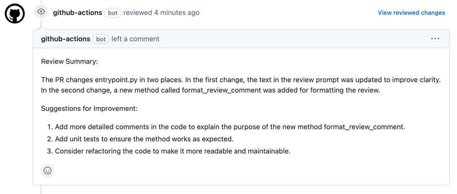 An example comment of the code review