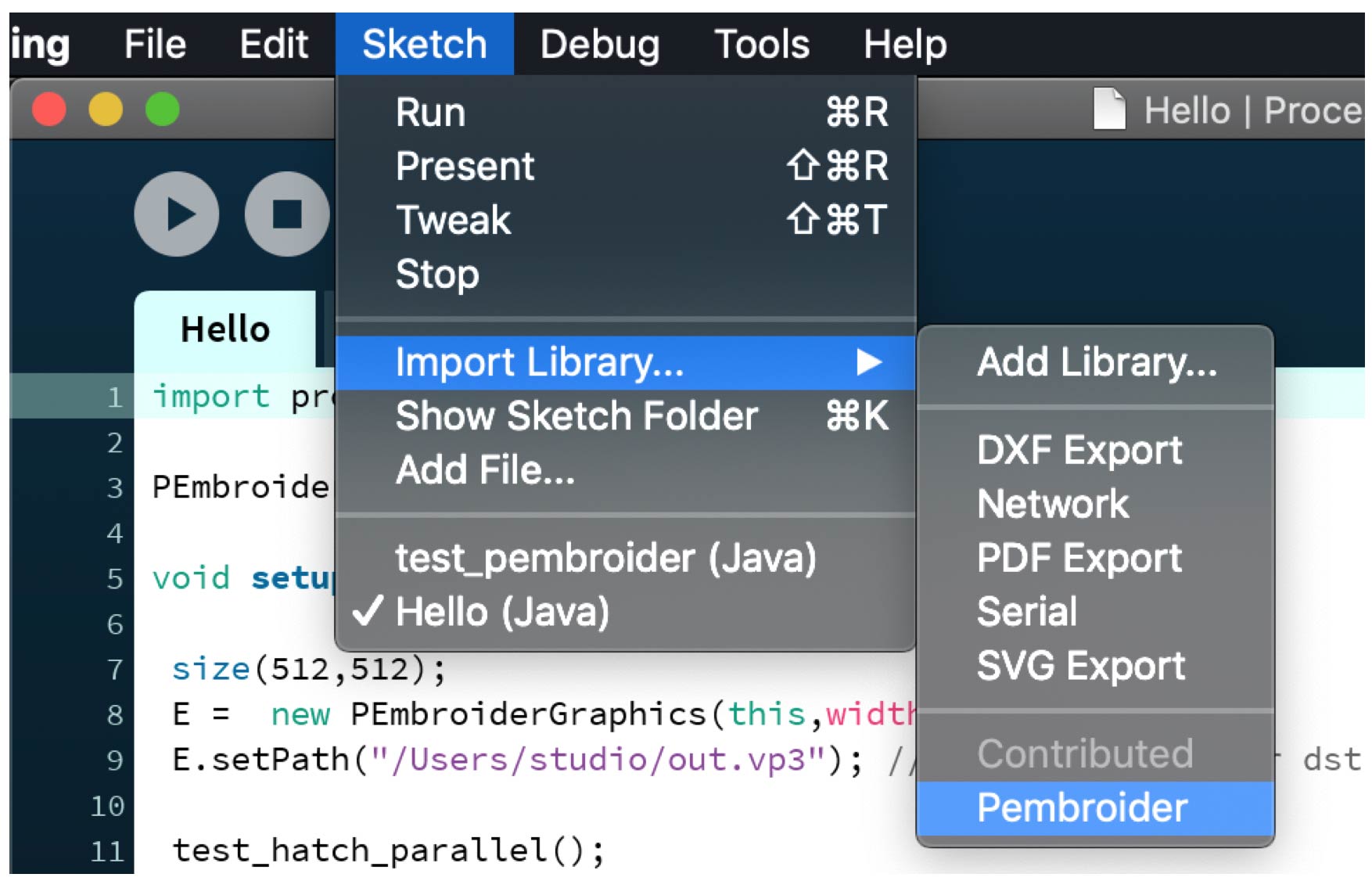 Loading the PEmbroider library in Processing